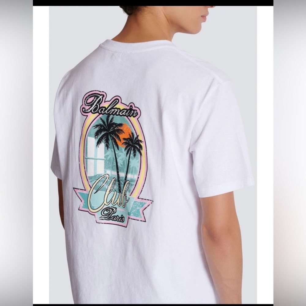 Balmain club Paris White Tropical Graphic design T-shirt size large brand new